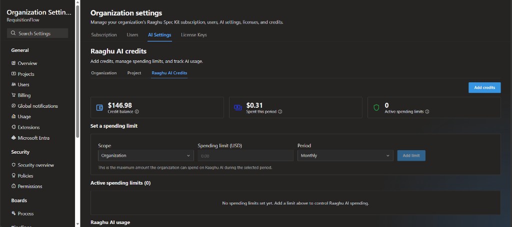 Organization Settings AI Settings Raaghu AI Credits with balance, Add credits, and spending limits