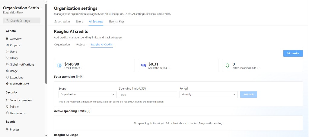 Organization Settings AI Settings Raaghu AI Credits with balance, Add credits, and spending limits