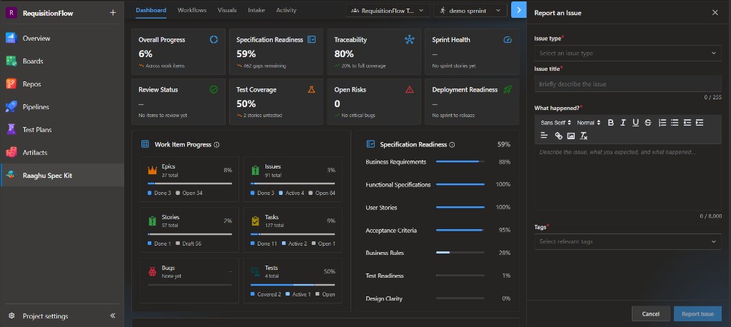 Report an Issue panel with Issue type, Issue title, What happened, Tags, and Report issue
