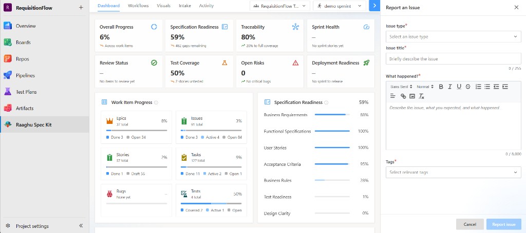 Report an Issue panel with Issue type, Issue title, What happened, Tags, and Report issue