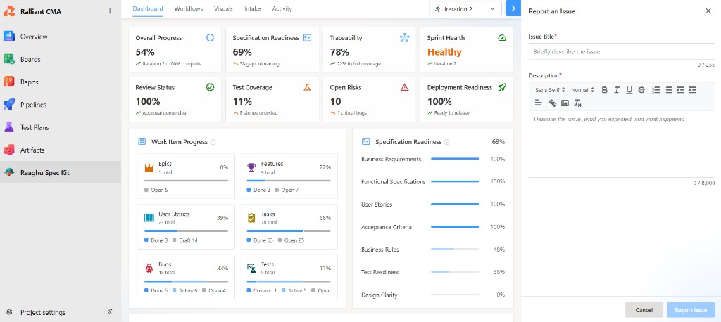 Report an Issue panel with Issue title, Description, and Report issue