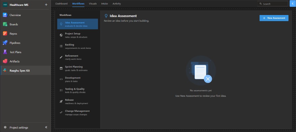 Idea Assessment empty state with New Assessment button