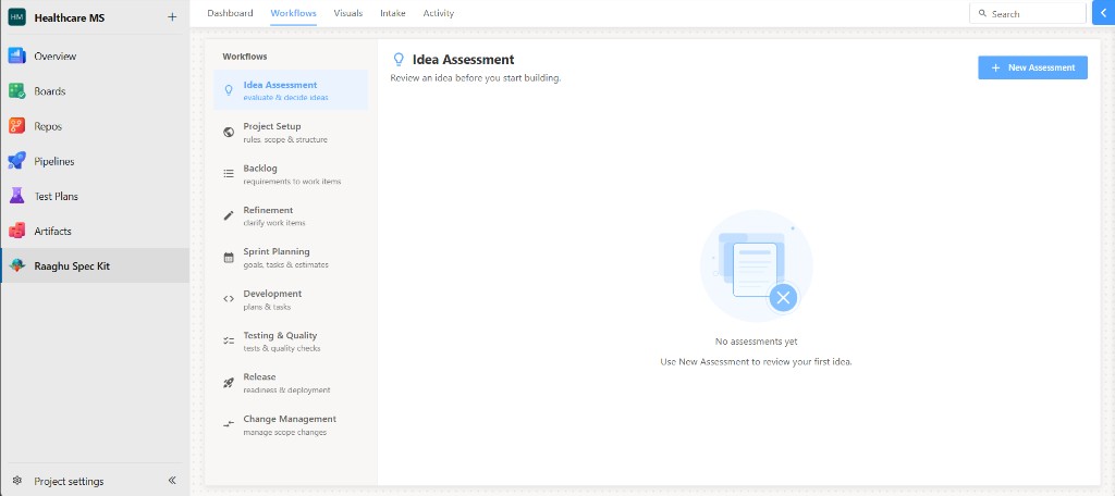 Idea Assessment empty state with New Assessment button