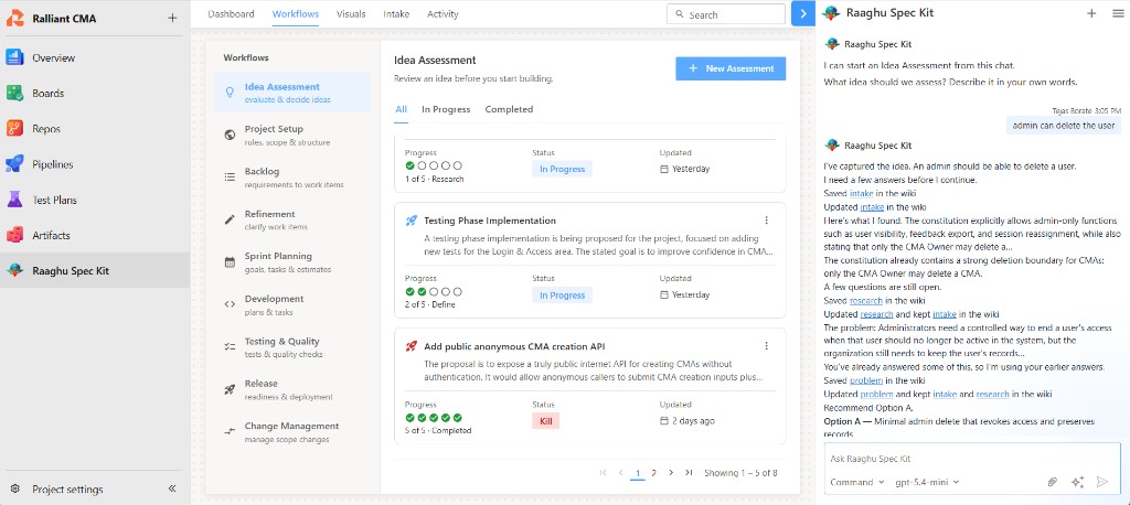 Idea Assessment cards with chat open, showing wiki saves during an assessment