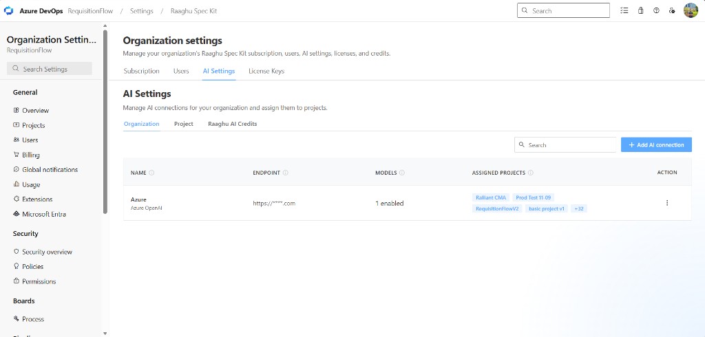 Organization Settings AI Settings Organization sub-tab with connections table and Add AI connection