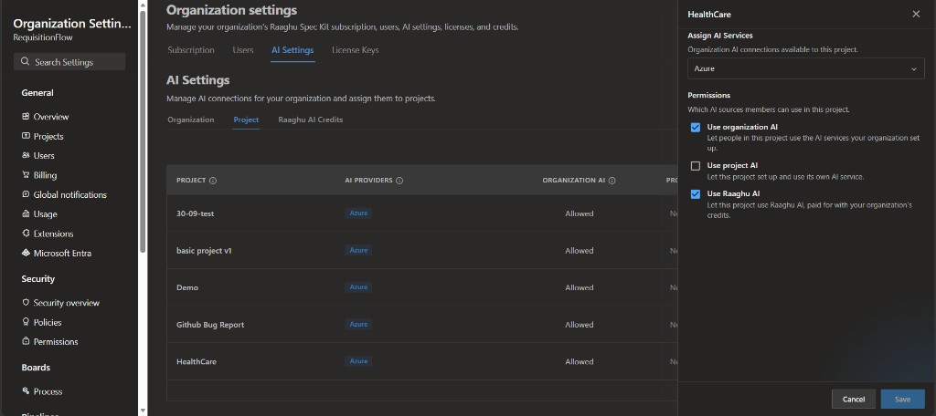 Project configuration side panel with Assign AI Services and Permissions