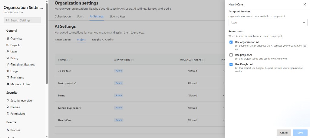 Project configuration side panel with Assign AI Services and Permissions