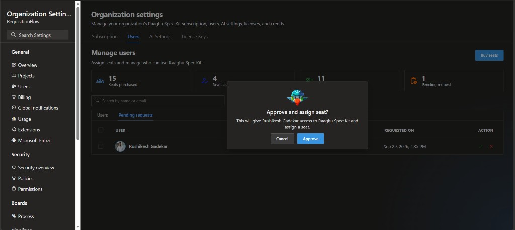 Approve and assign seat confirmation dialog
