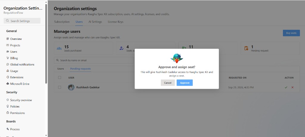Approve and assign seat confirmation dialog