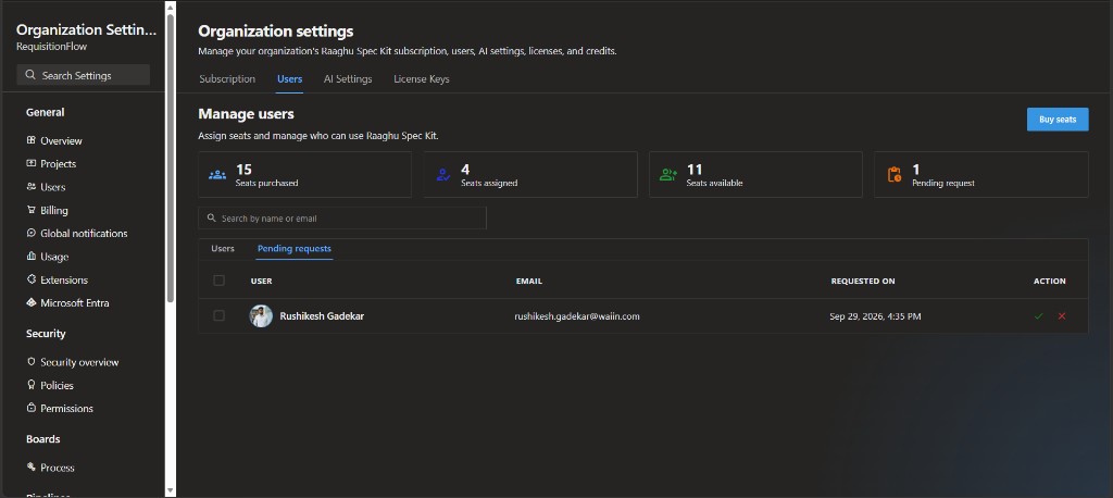 Organization Settings Users Pending requests sub-tab