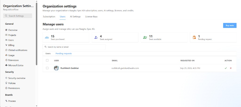 Organization Settings Users Pending requests sub-tab
