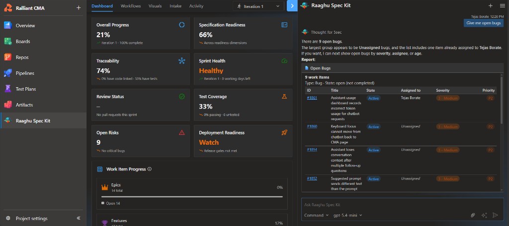 Chat report card for open bugs with table and View all in Azure Boards