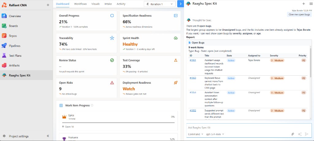 Chat report card for open bugs with table and View all in Azure Boards