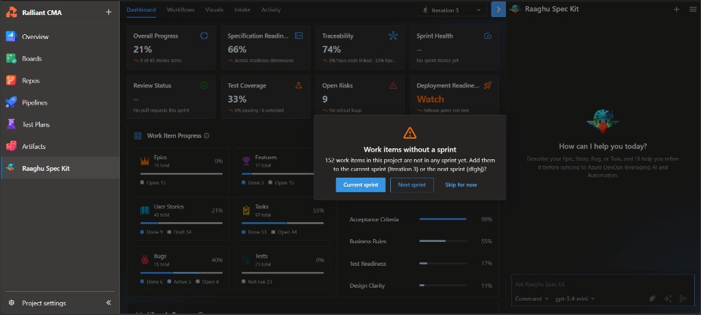 Work items without a sprint prompt with Current sprint, Next sprint, and Skip for now