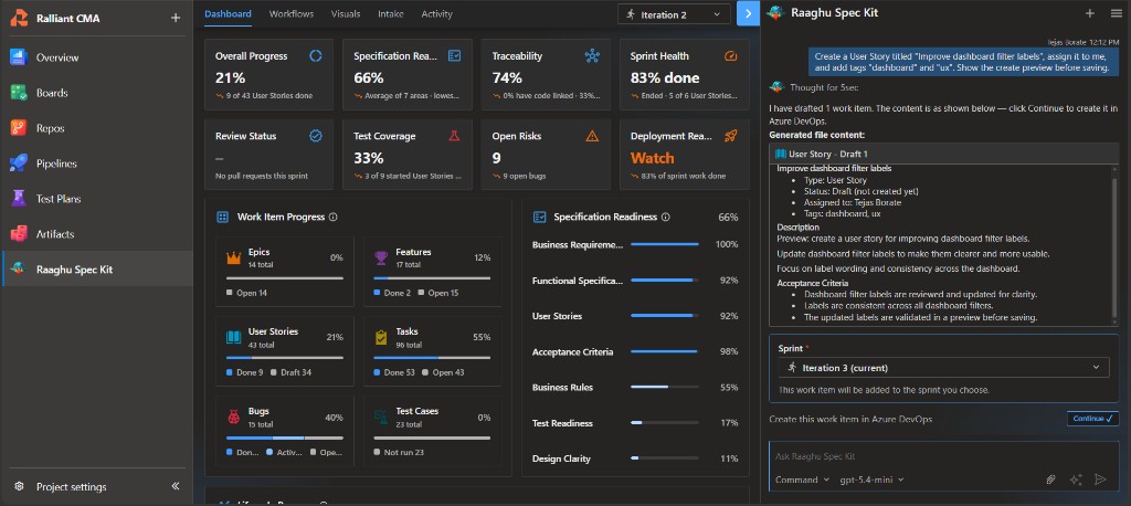 Work item create preview showing Assigned to, Tags, and Sprint