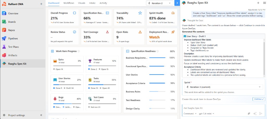 Work item create preview showing Assigned to, Tags, and Sprint